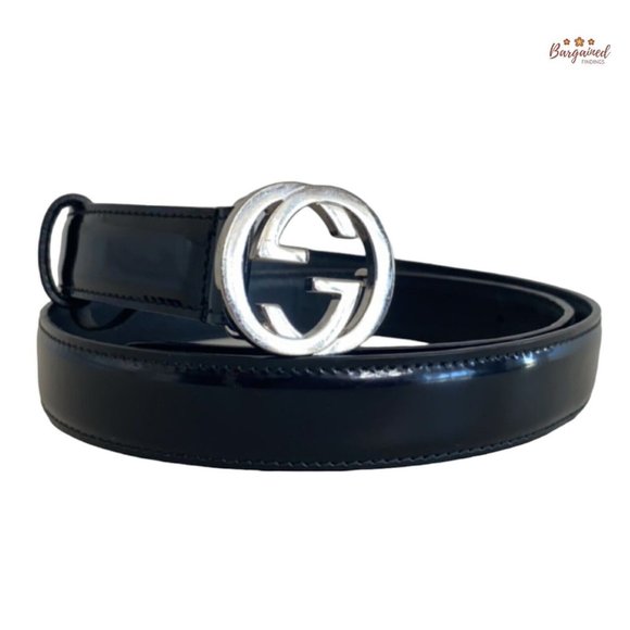 Authentic Gucci Black Coated Calfskin Leather Interlocking G Buckle Belt 90/36